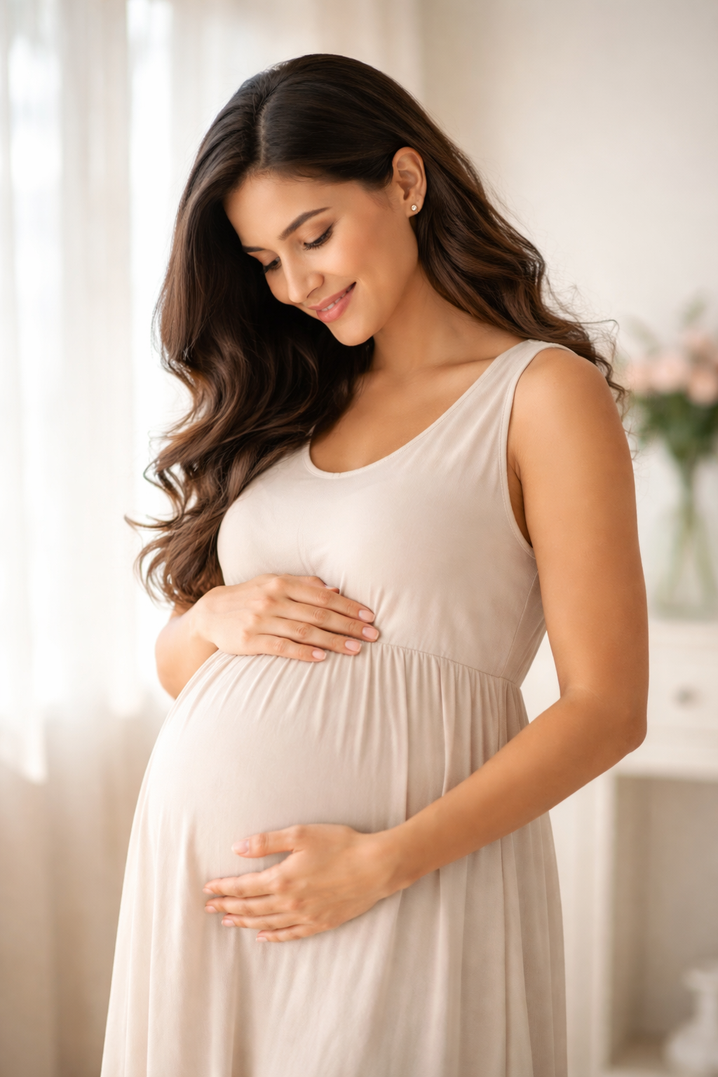 Pregnant mother reflecting on her baby